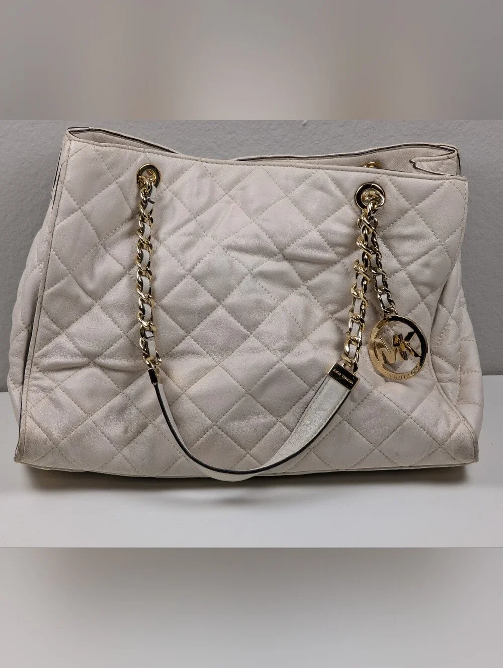 Michael Kors Off White Cream Quilted Leather Chain Tote Bag MK Charm Fair